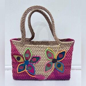 Handmade Women’s Straw Woven Mini Tote Bag w/ Flower‎ Butterfly Design 10”x7”X4”